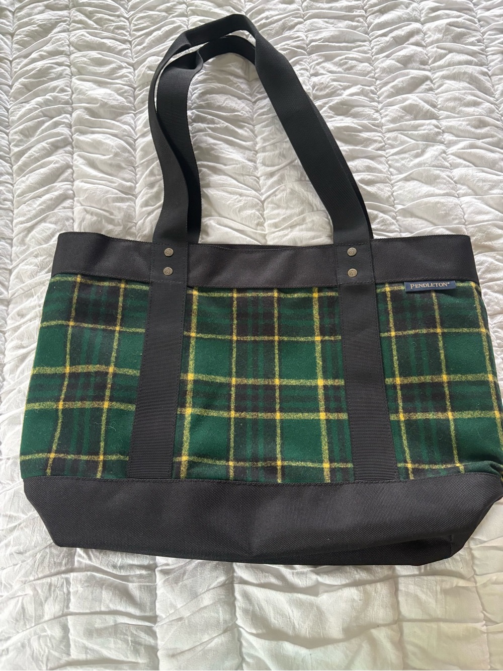 Pendleton Green and Yellow wool Tartan Tote with Black Trim